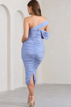 Cici | Powder Blue Asymmetric Ruched Maternity Midi Dress