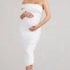 Cici | White Asymmetric Ruched Maternity Midi Dress