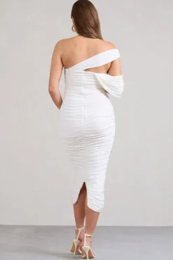 Cici | White Asymmetric Ruched Maternity Midi Dress