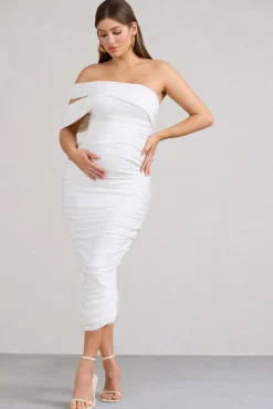 Cici | White Asymmetric Ruched Maternity Midi Dress