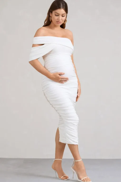 Cici | White Asymmetric Ruched Maternity Midi Dress