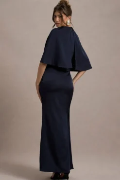 Cinder | Navy Satin Gathered Maxi Dress
