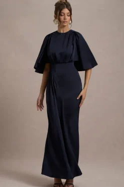 Cinder | Navy Satin Gathered Maxi Dress