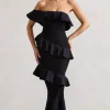 Cinematic | Black Bardot Ruffled Fishtail Maxi Dress