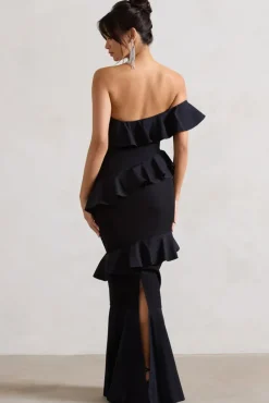 Cinematic | Black Bardot Ruffled Fishtail Maxi Dress