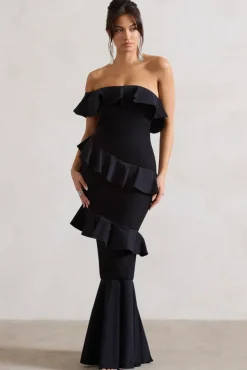 Cinematic | Black Bardot Ruffled Fishtail Maxi Dress