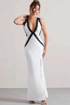 Cirilla | White Plunge-Neck Split Maxi Dress With Lace Detail