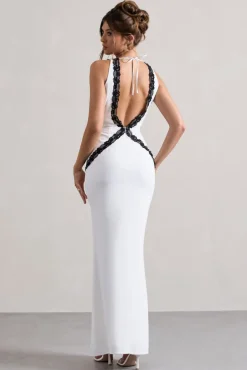 Cirilla | White Plunge-Neck Split Maxi Dress With Lace Detail