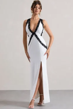 Cirilla | White Plunge-Neck Split Maxi Dress With Lace Detail