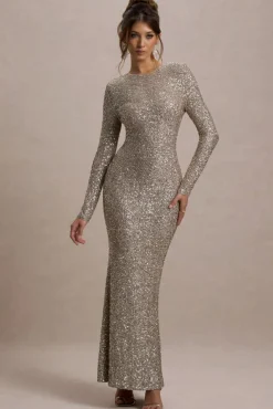 Citrine | Rose Gold Sequin Long-Sleeve Maxi Dress