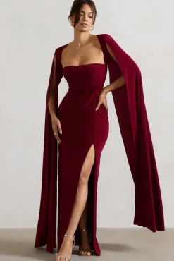 Claretta | Berry Square Neck Twisted Maxi Dress With Cape Sleeves