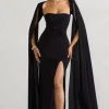Claretta | Black Square Neck Twisted Maxi Dress With Cape Sleeves