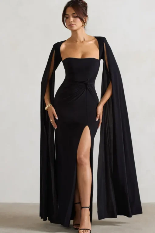 Claretta | Black Square Neck Twisted Maxi Dress With Cape Sleeves