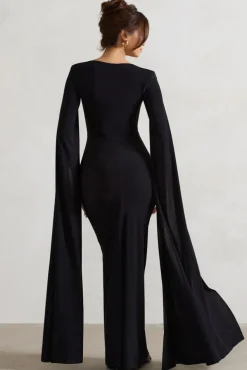 Claretta | Black Square Neck Twisted Maxi Dress With Cape Sleeves