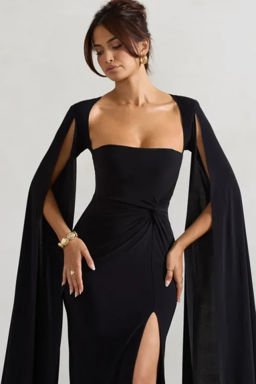 Claretta | Black Square Neck Twisted Maxi Dress With Cape Sleeves