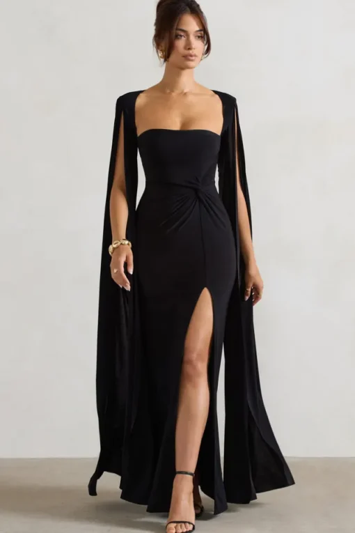 Claretta | Black Square Neck Twisted Maxi Dress With Cape Sleeves