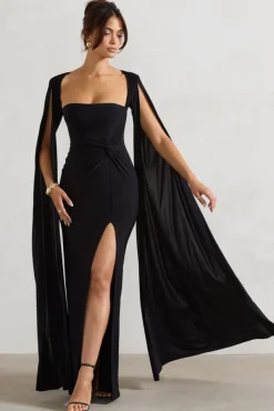 Claretta | Black Square Neck Twisted Maxi Dress With Cape Sleeves