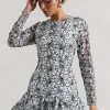 Claribel | Black u0026 White Lace Long-Sleeve Mini Dress With Ruffle Hem