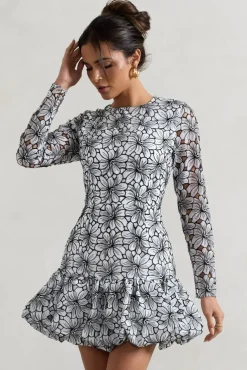 Claribel | Black u0026 White Lace Long-Sleeve Mini Dress With Ruffle Hem