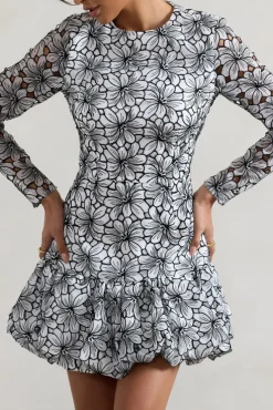 Claribel | Black u0026 White Lace Long-Sleeve Mini Dress With Ruffle Hem