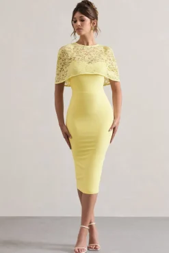 Claudette | Lemon Bodycon Midi Dress With Lace Overlay