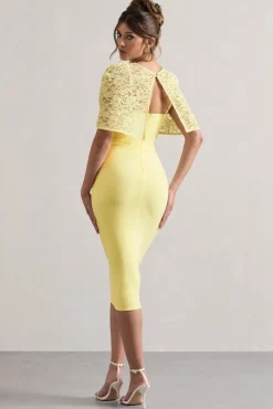 Claudette | Lemon Bodycon Midi Dress With Lace Overlay