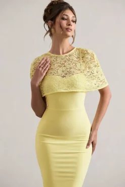 Claudette | Lemon Bodycon Midi Dress With Lace Overlay