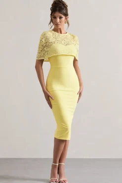 Claudette | Lemon Bodycon Midi Dress With Lace Overlay