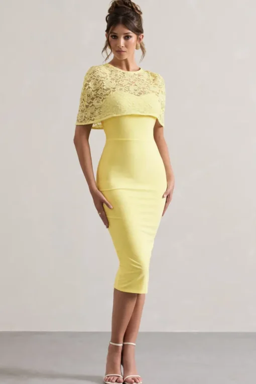 Claudette | Lemon Bodycon Midi Dress With Lace Overlay
