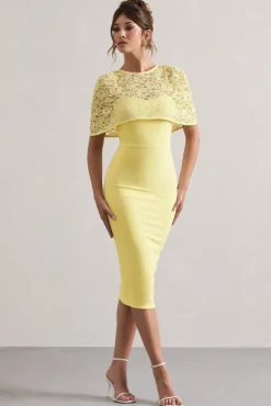 Claudette | Lemon Bodycon Midi Dress With Lace Overlay