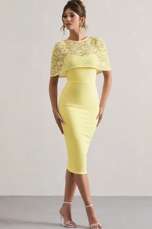 Claudette | Lemon Bodycon Midi Dress With Lace Overlay