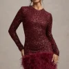 Claudia | Berry Sequin High Neck Feather Hem Mini Dress With Long Sleeves