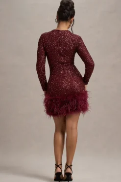 Claudia | Berry Sequin High Neck Feather Hem Mini Dress With Long Sleeves