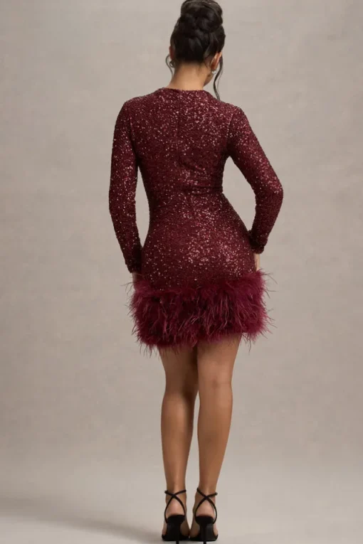 Claudia | Berry Sequin High Neck Feather Hem Mini Dress With Long Sleeves