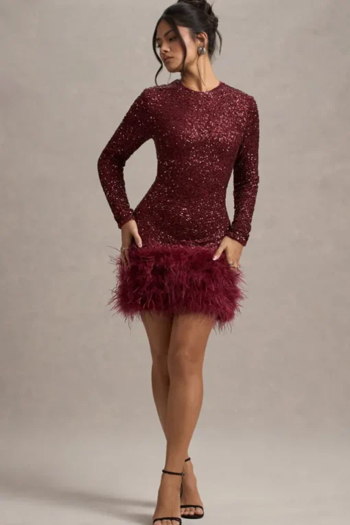 Claudia | Berry Sequin High Neck Feather Hem Mini Dress With Long Sleeves