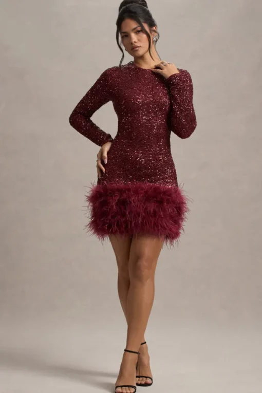 Claudia | Berry Sequin High Neck Feather Hem Mini Dress With Long Sleeves