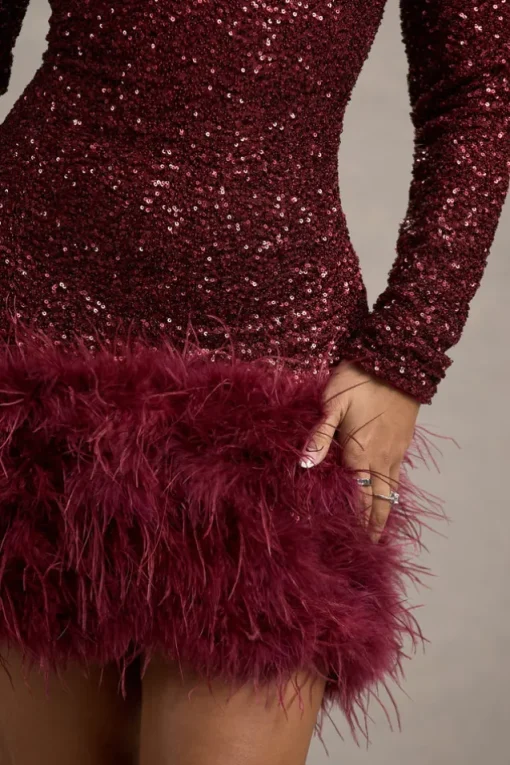 Claudia | Berry Sequin High Neck Feather Hem Mini Dress With Long Sleeves