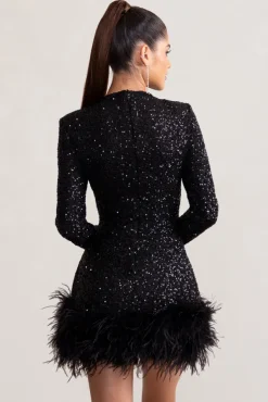 Claudia | Black Sequin High Neck Feather Hem Mini Dress With Long Sleeves