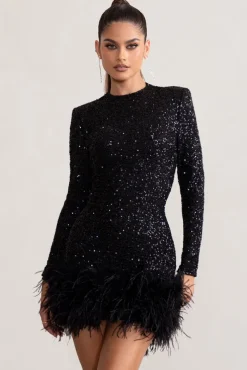 Claudia | Black Sequin High Neck Feather Hem Mini Dress With Long Sleeves