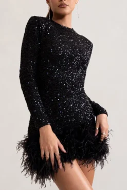 Claudia | Black Sequin High Neck Feather Hem Mini Dress With Long Sleeves