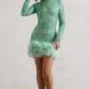 Claudia | Mint Sequin High Neck Feather Hem Mini Dress With Long Sleeves