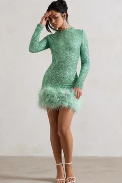 Claudia | Mint Sequin High Neck Feather Hem Mini Dress With Long Sleeves