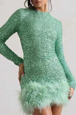 Claudia | Mint Sequin High Neck Feather Hem Mini Dress With Long Sleeves