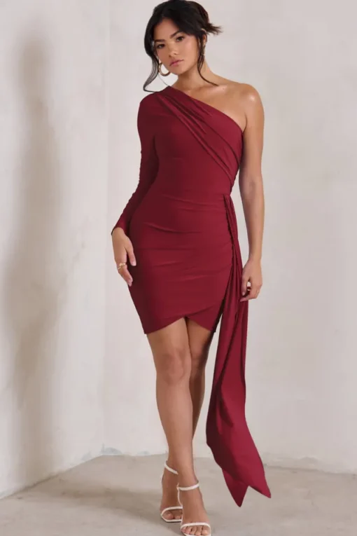 Claudina | Berry Asymmetric Long Sleeve Wrap Mini Dress With Statement Drape