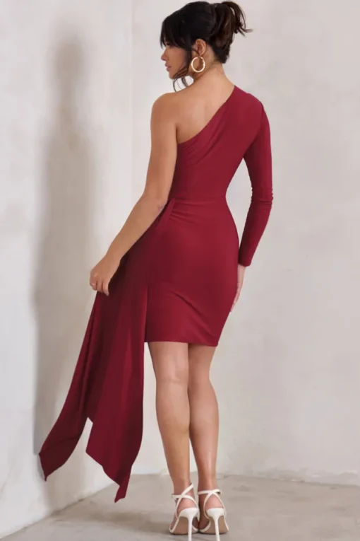 Claudina | Berry Asymmetric Long Sleeve Wrap Mini Dress With Statement Drape