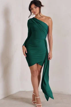 Claudina | Bottle Green Asymmetric Long Sleeve Wrap Mini Dress With Statement Drape