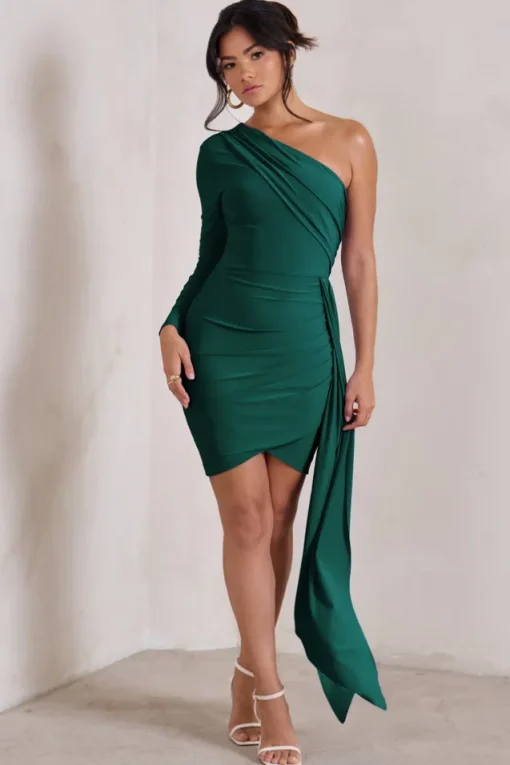 Claudina | Bottle Green Asymmetric Long Sleeve Wrap Mini Dress With Statement Drape