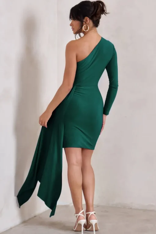 Claudina | Bottle Green Asymmetric Long Sleeve Wrap Mini Dress With Statement Drape