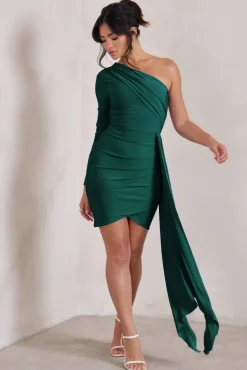 Claudina | Bottle Green Asymmetric Long Sleeve Wrap Mini Dress With Statement Drape