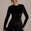 Claudine | Black Velvet Long-Sleeved Ruffled Mini Dress